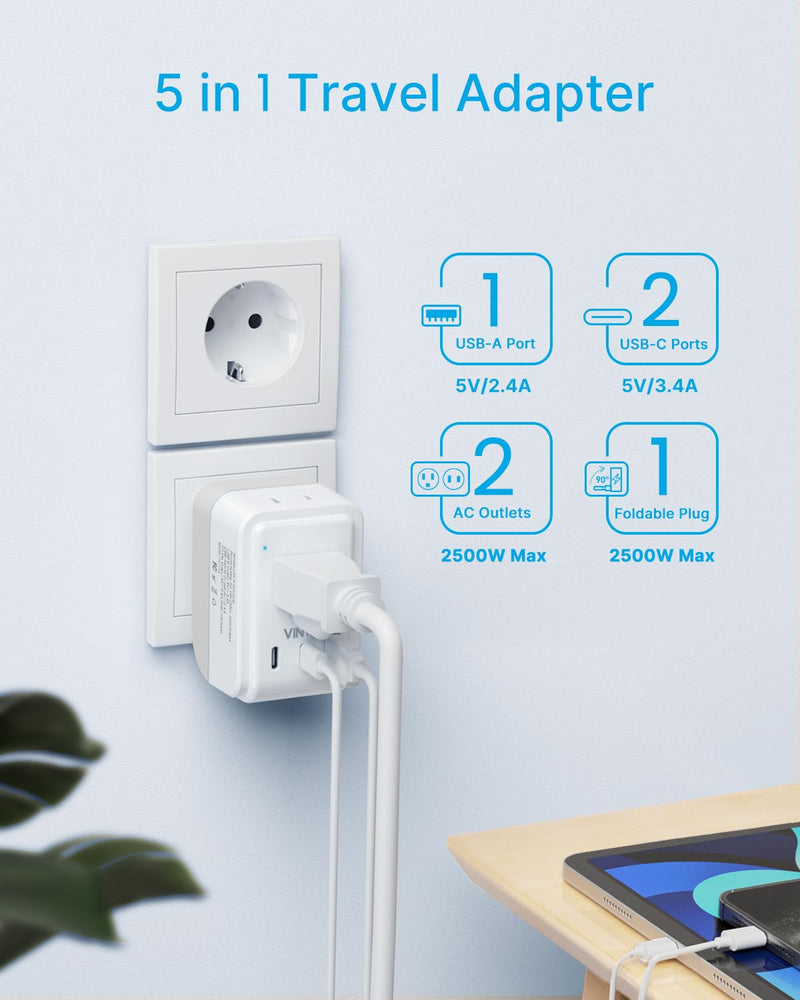 1 Pack European Travel Plug Adapter, VINTAR Foldable International Power Plug with 2 AC Outlets 3 USB Ports(2 USB C), Type C Travel Essentials Charger for US to Most of Europe EU Italy Spain France Type C - Most of Europe - 17W