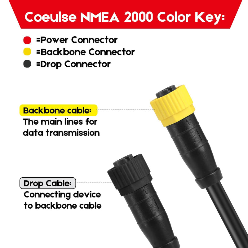 NMEA 2000 Cable for Lowrance Garmin Simrad Network System, Marine Grade NMEA 2000 Backbone, Drop, Extension Cables (2FT, Black) 2FT Drop Cable