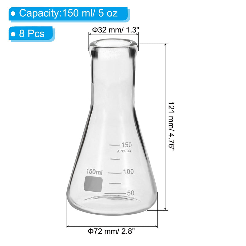 PATIKIL Erlenmeyer Flask, 8Pcs 150ml 5oz Narrow Mouth Graduated Flasks Borosilicate Glass with Printed Graduation for Lab Experiment Chemistry Science Study 150ml/5oz 8