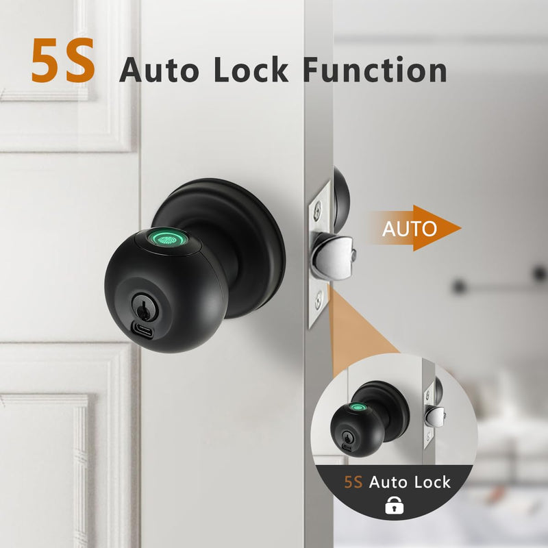 Fingerprint Door Lock, Smart Fingerprint Door Knob with Lock, Biometric Black Door Lock, Keyless Thumbprint Entry Door Lock for Bedrooms, Hotels, Apartments, Offices and Garages 1