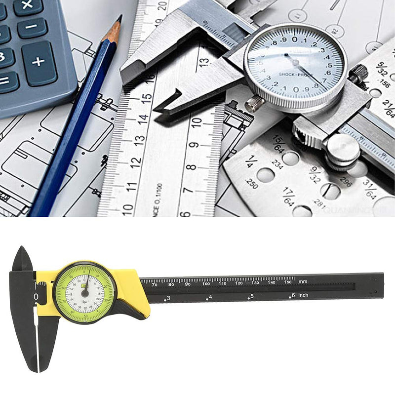 6 Inch Vernier Dial Caliper, 0-150mm Plastic Dial Caliper Vernier Caliper Gauge DIY Tools 0.1mm Read Value Imperial Standard(Yellow (English))