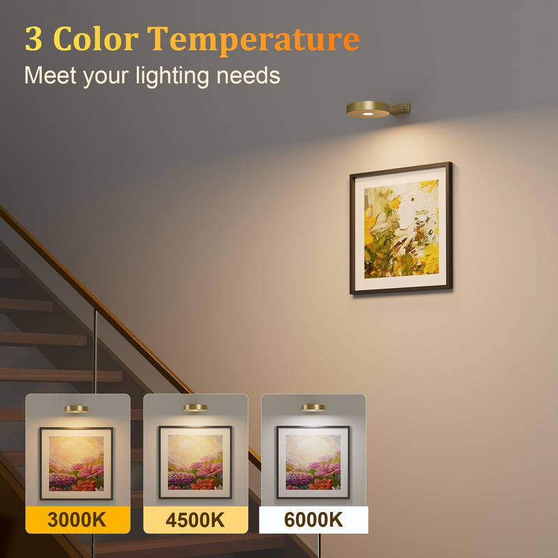 Picture Lights for Wall Battery Operated,4-Pack Magnetic Battery Operated Picture Light,Dimmable Timer Wall Lights for Pictures on Wall,Art Light for Picture Frame,Gallery,Portrait,Puck Lights, Gold 4-Pack