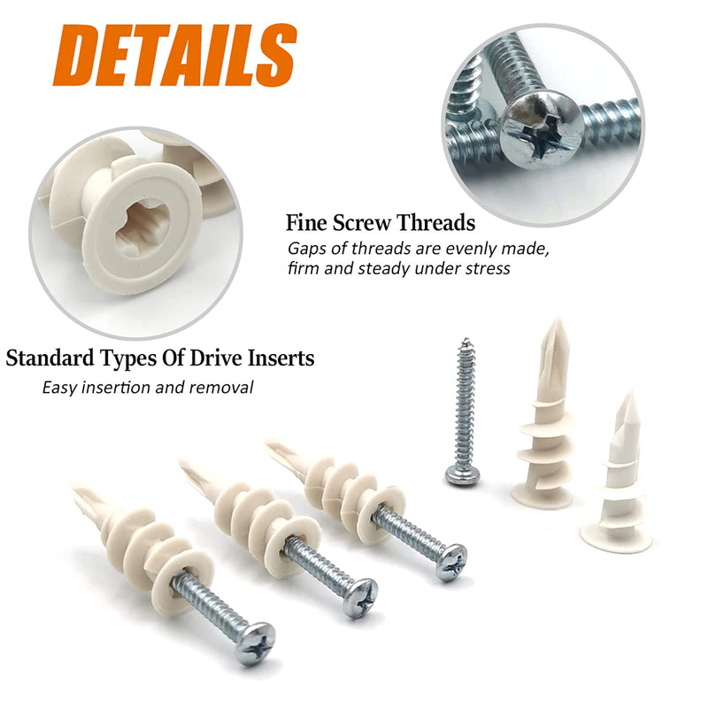 ISPINNER 140pcs Plastic Drywall Anchors Self Drilling Hollow Wall Anchors with Screws Assortment Kit (13x42mm + 15x33mm)