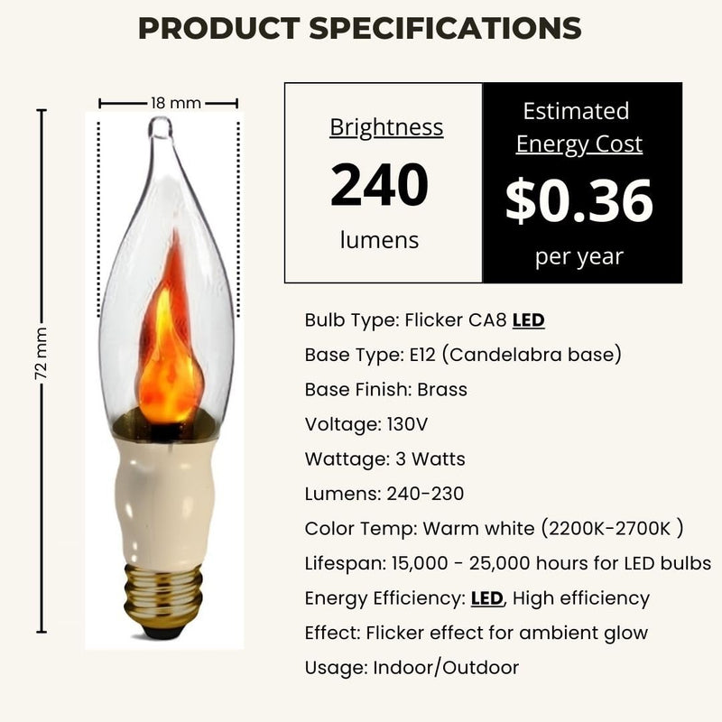 Royal Designs, Inc. Flicker Candelabra Style 3 Watt LED Light Bulbs 25 Watt Equivalent, E12 Candelabra Base, 6-Pack