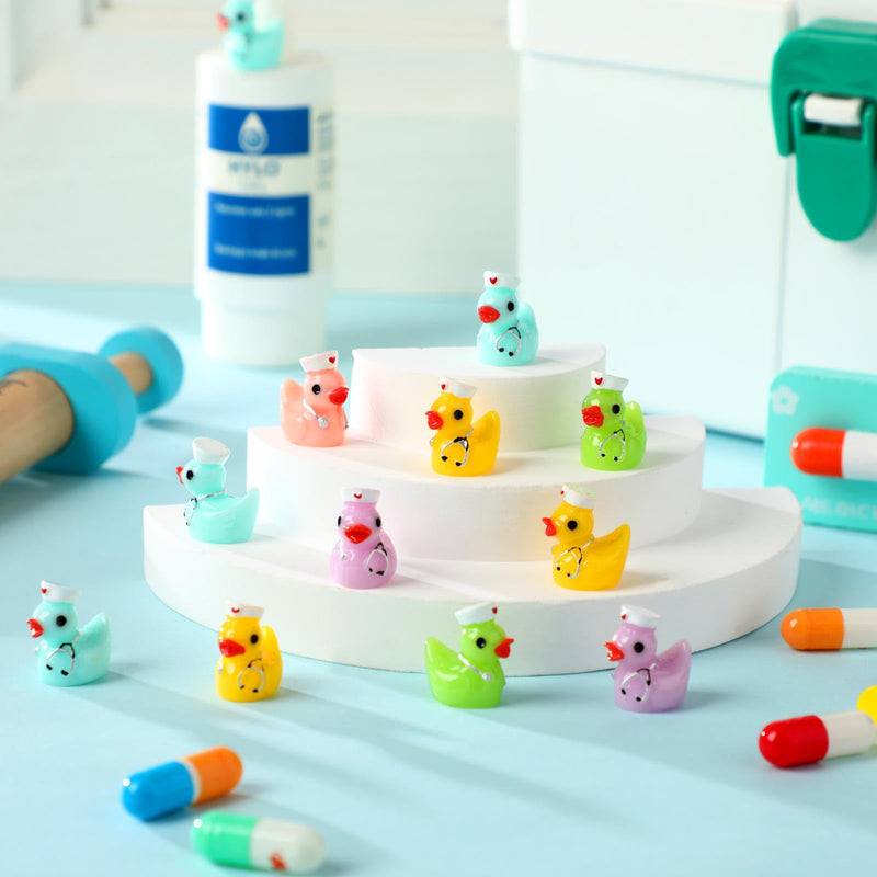 100 Pcs Nurses Week Gifts Bulk Mini Resin Duck Tiny Ducks Statues with Nurse Hat Stethoscope Miniature Figurine Resin Animals Nurses Day Gifts Multicolor