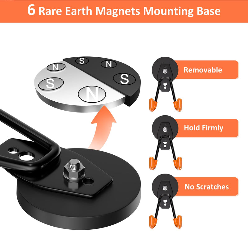 ENUODA Strong Magnetic Hooks Heavy Duty 4 Pack Magnet Garage Hooks Heavy Duty Rare Earth Magnets Utility Storage Hooks for Hanging Ladder, Power Tool, Toolbox, Shovel, Broom, Extension Cord Orange