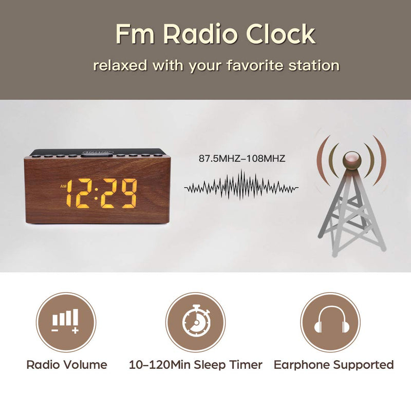 ANJANK Wooden Digital LED Alarm Clock FM Radio, Fast Wireless Charger Station for iPhone/Samsung Galaxy, 5 Level Dimmer, USB Charging Port, 9 Sounds, Sleep Timer for Bedroom, Bedside, Desk Brown