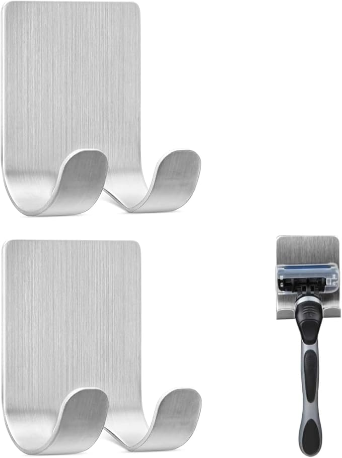 Leryati Razor Holder Shower, Pack of 2 Silver Razor Holder Shower No Drilling, Stainless Steel Razor Holder, Robust Self-Adhesive Razor Hanger Shower Suitable for Door Wall Bathroom Kitchen Silver × 2 - NewNest Australia