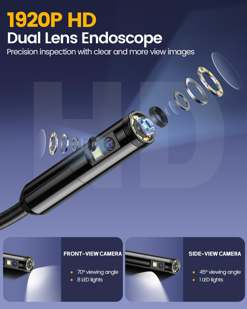 Endoscope Camera with Light, 1920P HD Borescope Pipe Inspection Camera with 8 LED Lights, Waterproof 16.4FT Semi-Rigid Snake Camera, Industrial Bore Scope for iPhone Android Phone Dual Lens