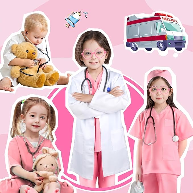 Doctor Costume For Kids With Real Stethoscope Kids Scrubs Halloween Costumes For Girls Boys Doctor Dress Up 9 Pcs Pink 5-6 years
