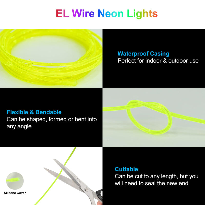 EL Wire Lights Battery Powered 5 by 1 Meter EL Wire Neon Lights 3 Modes 360° Illumination EL Wire Kit Rope Lights Cuttable Electroluminescent Wire for Party DIY Cosplay Costume (Lemon Green) Lemon Green