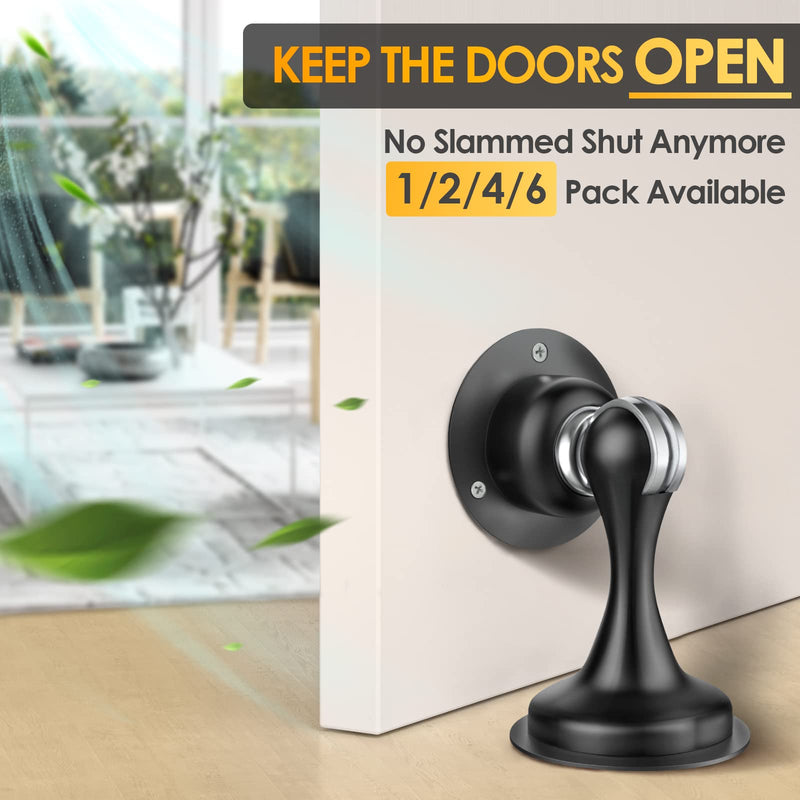 Door Stoppers Magnetic Door Catch - 2 Pack Stainless Steel Heavy Duty Door Holder Stops for Bottom Top of Door - Wall Floor Mounting No Drill 3D Adhesive & Screws Strong Magnet Keep Door Open 2 Pack-Black