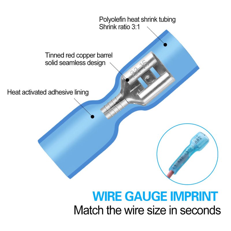 100 PCS 16-14 AWG Waterproof Heat Shrink Quick Disconnect Connectors, Crimp Electrical Wire Female Spade Connectors Insulated Disconnect for Marine Automotive Motorcycle Home Wiring (Blue) [16-14 AWG] Female x 100