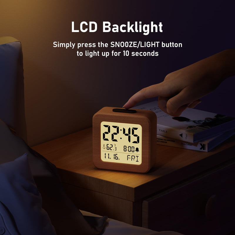 CHEREEKI Battery Operated Clock with Real Wood Case, Loud Alarm, Snooze, Automatic Light Sensor, Temperature, Date and Day of the Week Display (3 AAA Batteries Included)