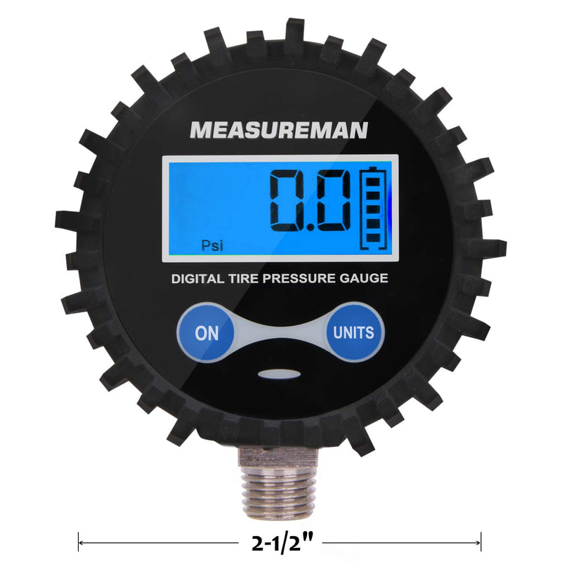 MEASUREMAN 2-1/2" Dial Size Digital Air Pressure Gauge with 1/4'' NPT Bottom Connector and Protective Boot, 0-200psi, Accuracy 1%, Battery Powered with LED Light Short thread