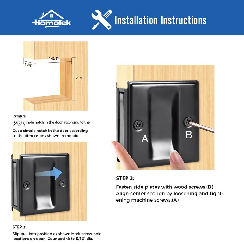 HOMOTEK 4 Pack Privacy Pocket Door Pull - No Switch Plate, Replace Old/Damaged Pull, 2-3/4'x2-1/2', for 1-3/8' Thickness Door, Black No Lock-Black