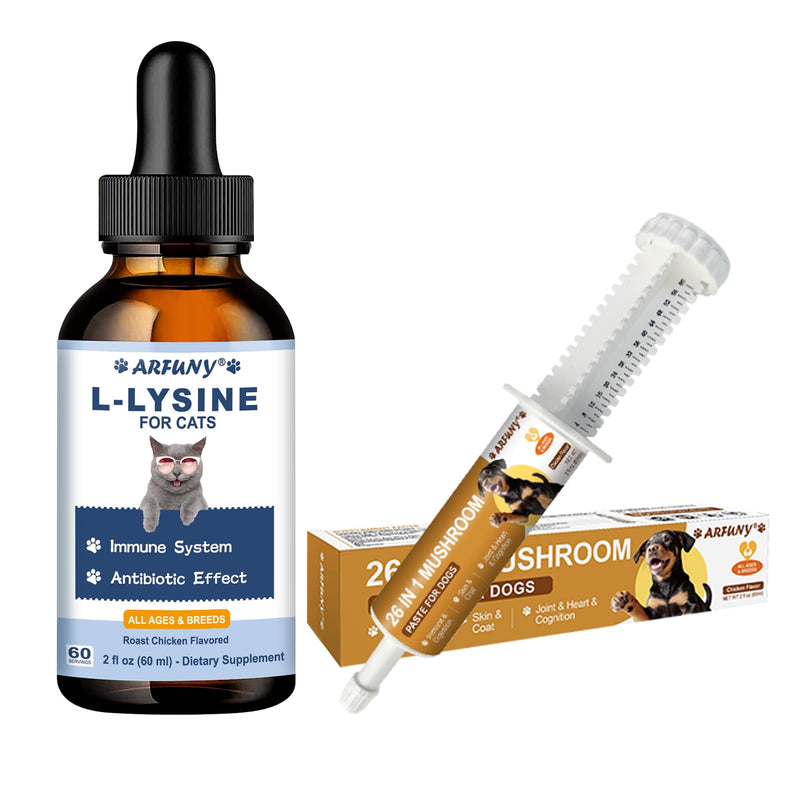Cat L-Lysine Drops & Dog Mushroom Paste - for Cat Feline Respiratory, Sneezing, Runny Nose, Eye Function - for Dog Gut, Skin, Joint, Immune Health-Dog Lumps & Bumps Treatmen