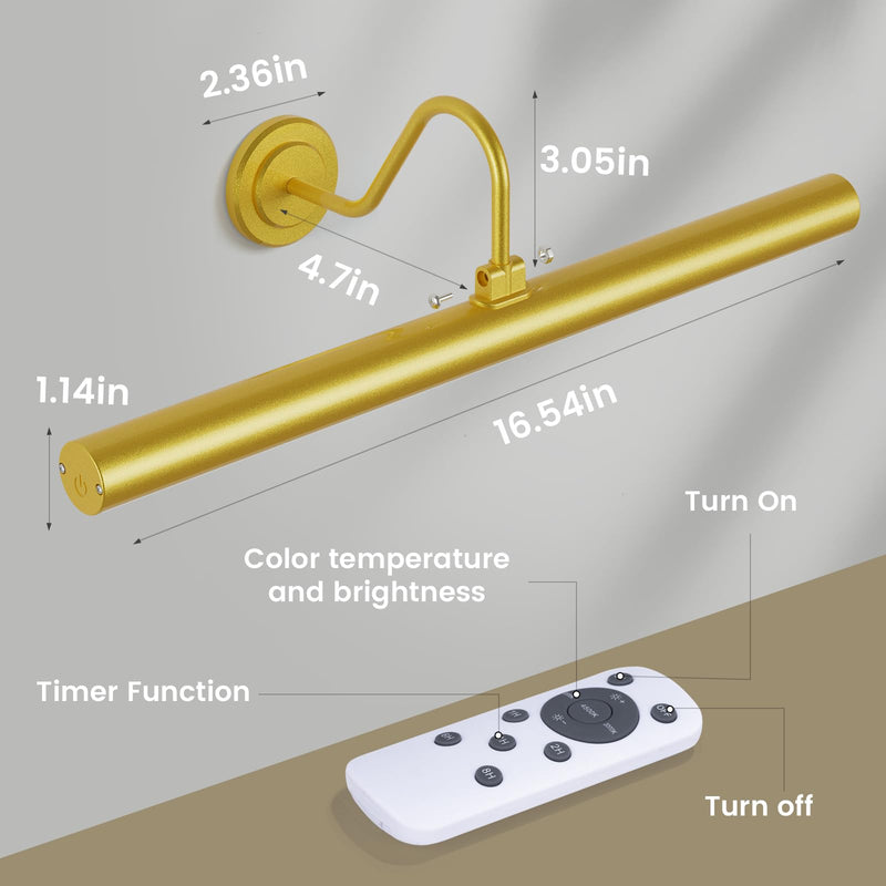 Bridika 16.5in Picture Lights for Wall Battery Operated, Wireless Picture Light with Remote, 3 Color Modes and Dimmable Classic Art Light for Paintings, Gallery, Dartboard with Timer (Gold, 1 Pack) Gold