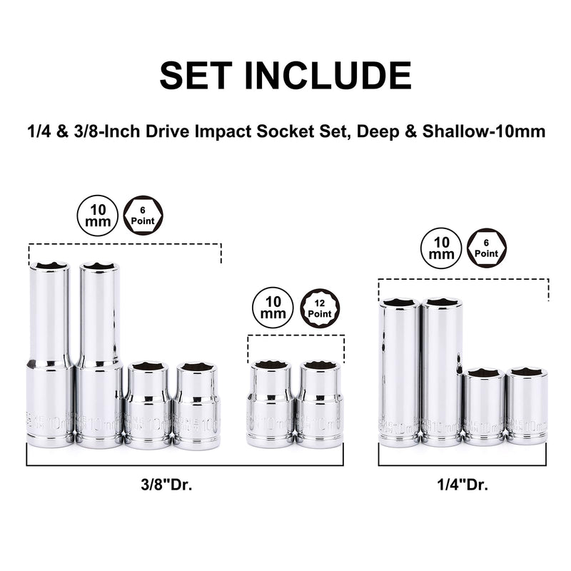 CASOMAN 10Piece Impact Socket Set, 1/4" & 3/8" Drive, Deep & Shallow, 10mm, Metric, Mirror Chrome Finish 10PCS 10mm 1/4&3/8-Inch
