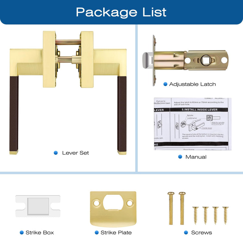 EHOMEWARE 1 Pack Gold Door Lever with Bronze Leather Handle, Brass Interior Door Handle Passage Door Lever for Hallway Closet, Heavy Duty Door Knob with Universal Handling Passage Door Handle - No Key