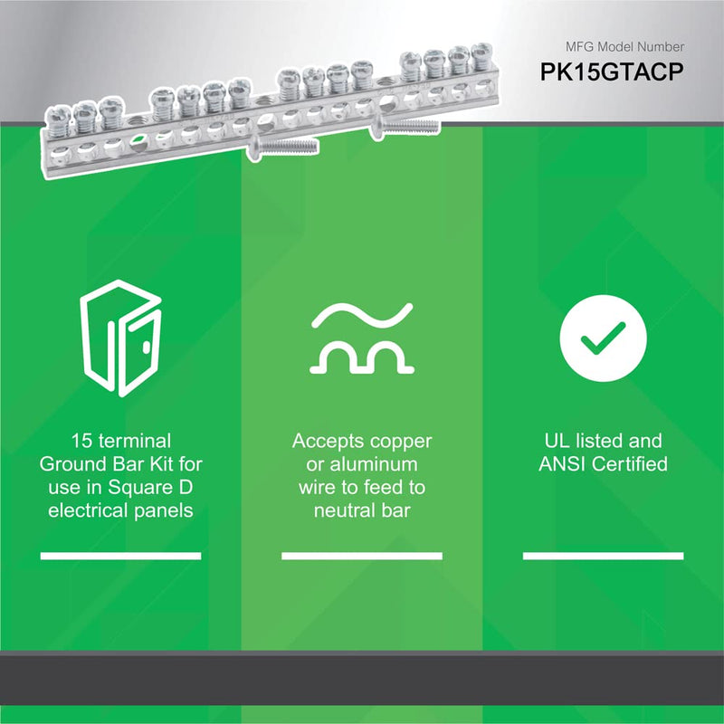 Square D by Schneider Electric, Size, PK15GTACP Square D Bar Kit For Attaching Ground Wire In Load Centers & Safety Switches, Color, Green No Size