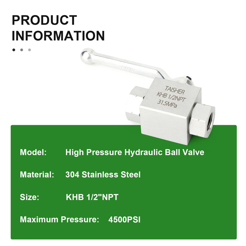 TAISHER 1PCS KHB 1/2'' NPT High Pressure Hydraulic Ball Valve Carbon Steel, Shut-Off 2 Way Ball Valve 1/2" NPT