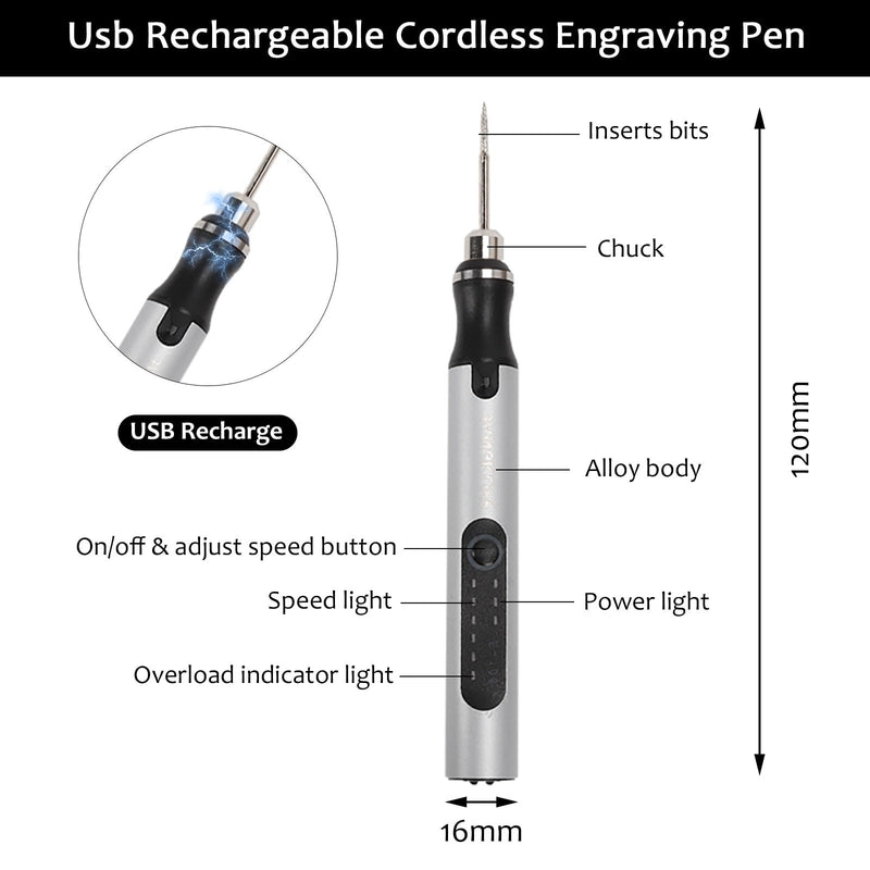 Electric Engraving Pen with 37 Bits, USB Rechargeable Cordless Etching Engraving Tool, Portable DIY Rotary Engraver for Jewelry Wood Glass Stone Carving (Silver) Silver