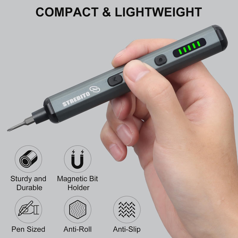 STREBITO Mini Electric Screwdriver Set, 70 in 1 Small Electric Screwdriver Cordless - 64 S2 Preicison Bits, 5 Torque Settings, 4 LED Lights, Mini Power Screwdriver Repair Tool Kit for PC RC Electronic Grey