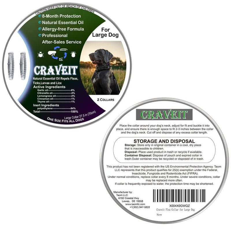 Craveit Dog Flea Collar, 2 Pack Flea Collar for Dogs Large, Gentle Plant-Based Tick Repellent for Large Dog, Waterproof & Adjustable, 8-Month Long-Lasting Defense