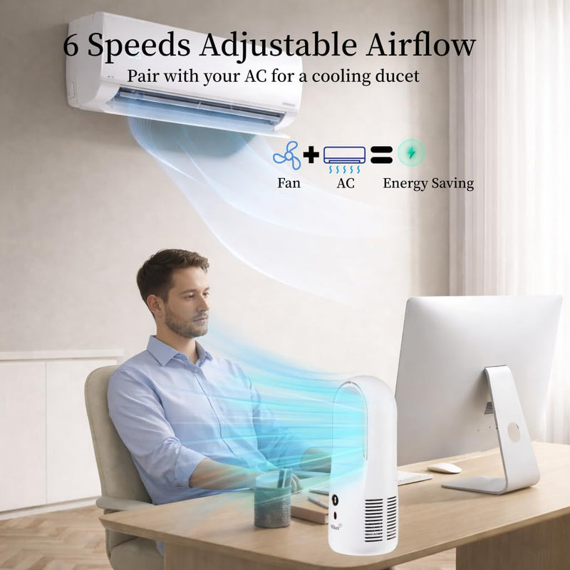 Hiluce Desk Fan Bladeless,6 Speeds 11.8 Inch Portable Office Fan, Battery USB Fans,Easy to Clean, Small Quiet Table Fan for Personal Bedroom Home Office Desktop, White