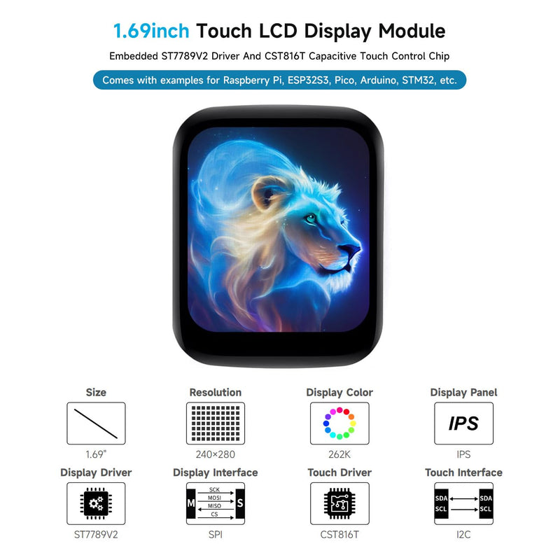 Waveshare 1.69inch Round LCD, Compatible with Raspberry Pi 5, Display Module with Touch Panel, Micro LCD Display, 240×280 Resolution, IPS, SPI and I2C Communication, 262K Display Color