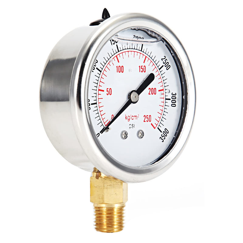 0-3500 PSI Liquid Filled Hydraulic Pressure Gauge Water Air Oil Gas Gauge | Stainless Steel Pressure Test for Water Pipe HVAC Silver