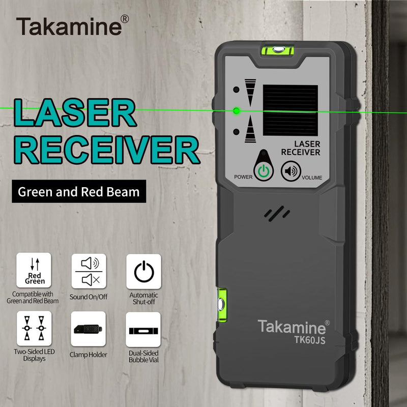 Takamine Laser Level Receiver, Working Distance Up to 147 ft, Red & Green Pulse Beam Line Laser Detector, Dual-Sided Smart LED Indicator with Level Bubble, Adjustable Speaker, Includes Clamp
