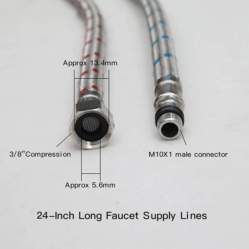 24 Inch Long Faucet Connector, 2Pcs Faucet Supply Lines, Kitchen Sink Toilet Hose Braided Stainless Steel Supply Hose 3/8" Female Compression Thread x M10 Male Connector (1 Pair) 24 Inch