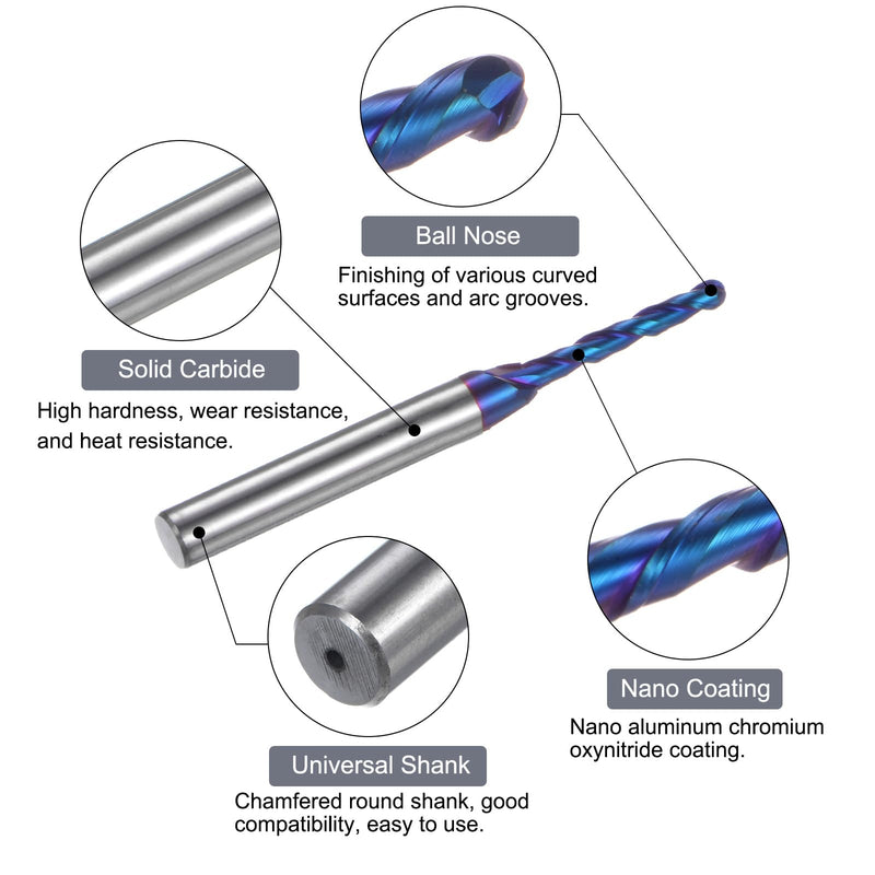 uxcell 2pcs Ball Nose End Mill CNC Router Bit, 1/16" Radius 1/4" Shank Solid Carbide Nano Coated Upcut Spiral 2 Flutes Cutter Milling Tool, 1/8" Dia 2-1/2" Total Length