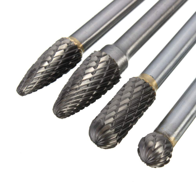 4 Pcs Carbide Rotary Burr Set, 1/4-Inch Long Shank Tungsten Steel Head Burr Bit Set Fits Rotary Tool for Wood/Metal Drilling Carving Engraving