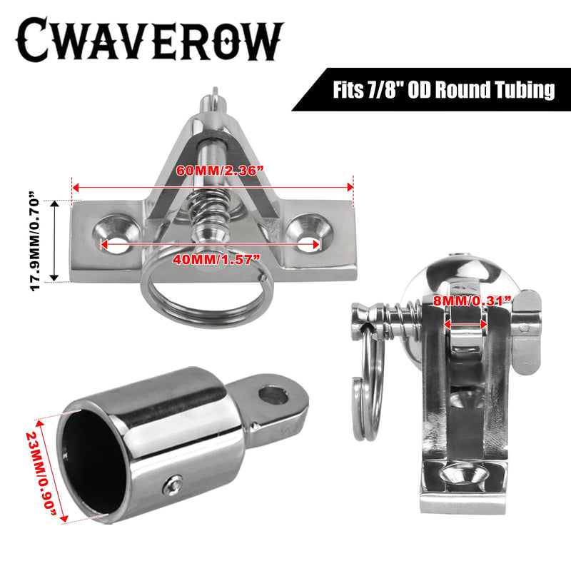 Bimini Top Hardware, Deck Hinge with Quick Release Pin & Eye End Cap, 316 Stainless Steel, Fits 7/8" OD Round Tubing (Set of 2 Pairs) 7/8 Inch