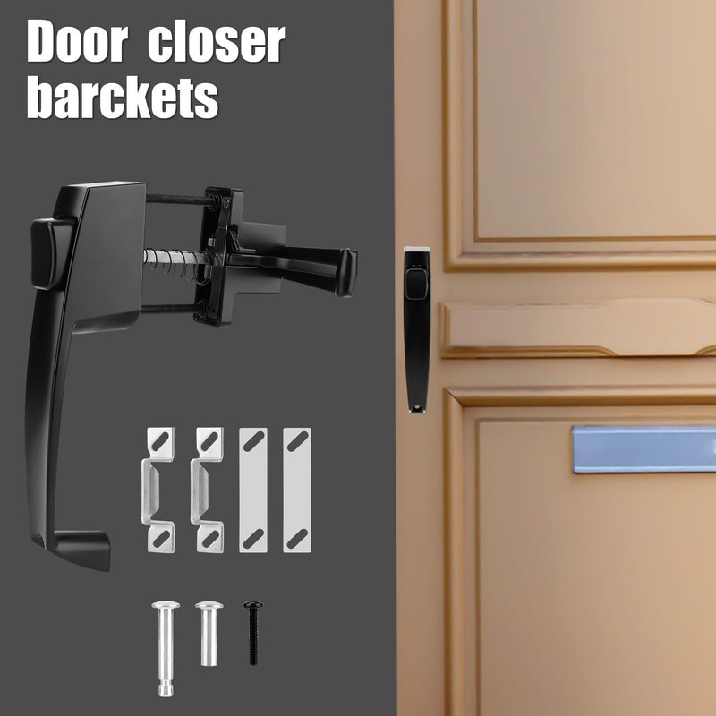 Storm Door Closer & Screen Door Handle, Black Heavy Duty Screen Door Closer Replacement Kit Shock Absorber Bracket with Screen Door Spring Storm Door Latch Protecting from Strong Winds