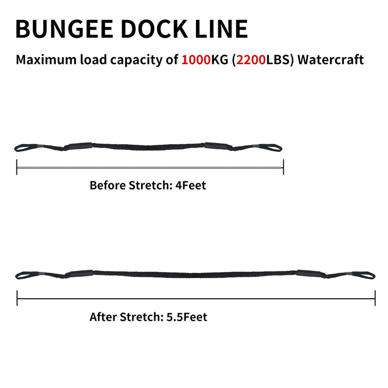 NewDoar 2 Pack Bungee Dock Lines,4FT Mooring Rope 2200LBS Boat Dock Anchor Line with Side Foam Floats for Sailboat, PWC, Kayak, Wooden Boat,Surfboard, Watercraft Accessories(4FT,Black) Black-2pcs