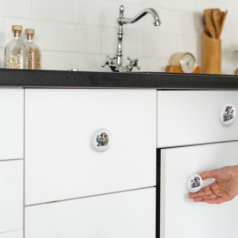 JamJam Set of 8 1.5" Ceramics Cow with Flower Knobs Unique Rustic Farmhouse Kitchen Cabinet Knobs Dresser Drawer Pulls