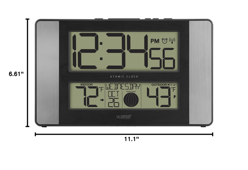La Crosse Technology 513-1417AL-INT Atomic Clock w Outdoor Temp, Grey/Black Modern 6.75-inch x 11.1-inch x 1.14-inch Silver