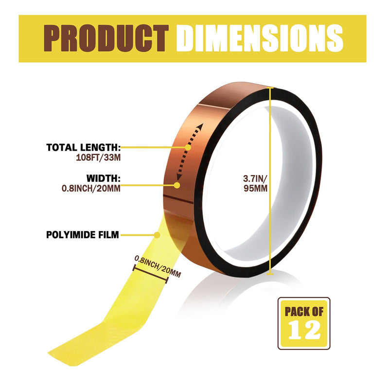 Heat Tape for Sublimation Transfer, Heat Resistant, Adhesive Transfer Tape, Thermal, No Residue, 12 Rolls 20mm x33m(108ft)