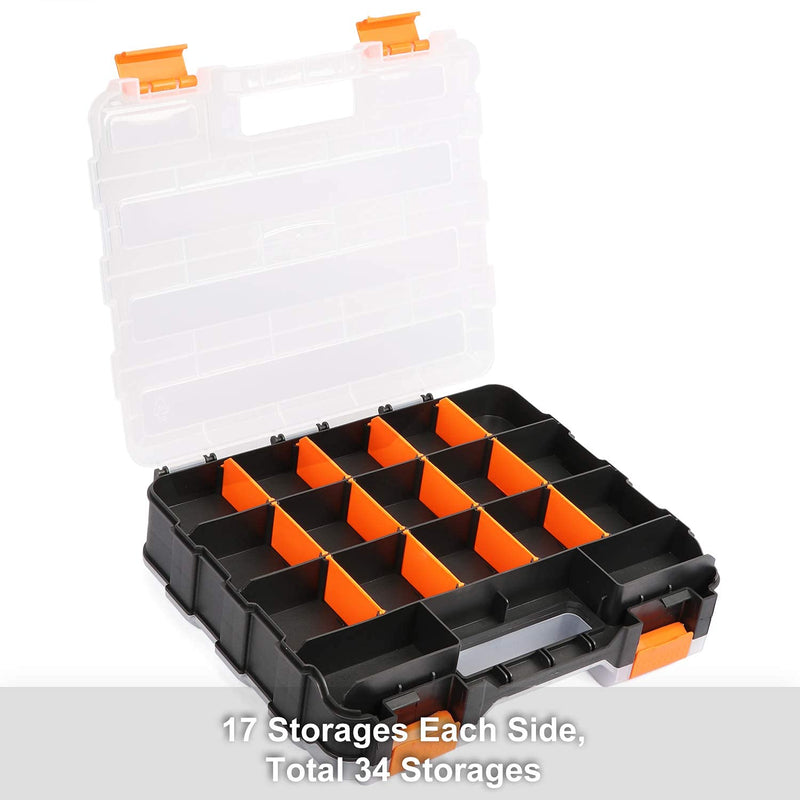 Mayouko Double Side Tools Organizer, Customizable Removable Plastic Dividers, Hardware Box Storage, Excellent for Screws,Nuts,Small Parts, 34-Compartment, Black/Orange,12.6"L x 10.6"W x 3.2"H 34 Compartments Orange