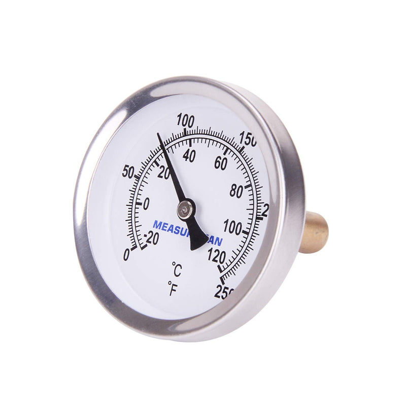 MEASUREMAN Hot Water Bi-Metal Thermometer, 2-1/2" Dial, 1-3/4" Lead-Free Brass Stem, Range 0-250 deg F/-20-120 deg C, 2% Accuracy, Adjustable, 1/2" NPT Back Mount 1-3/4" Stem