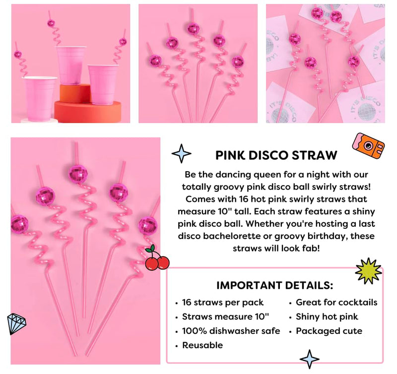 xo, Fetti Pink Disco Ball Reusable Swirly Straw Set - 16 pc | Groovy Birthday Party Supplies, Last Disco Bachelorette Decorations, 70s Baby Shower, Space Cowboy Favors
