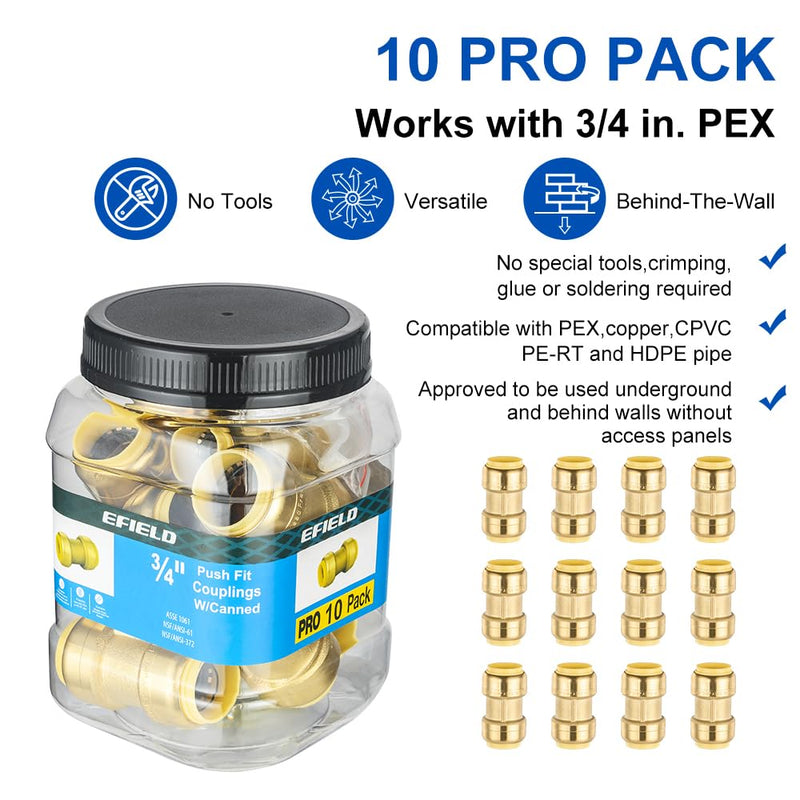 10Pcs Pro EFIELD 3/4" Push-fit Straight Coupling Brass Fittings(PF008-10) 3/4-Inch P10