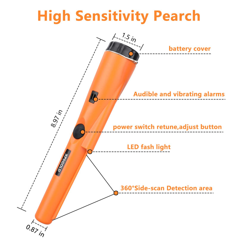 Metal Detector Pinpointing,Waterproof Pinpointer 360 Degree Search Gold&Treasure Finder with Belt Holster &LED Indicator& Buzzer Vibration, for Adults and Kids (Orange) Orange