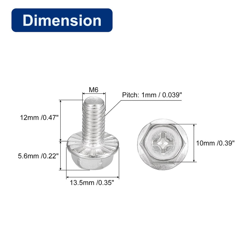 uxcell M6x12mm Phillips Hex Head Flange Bolts, 10pcs 304 Stainless Steel Hexagon Phillips Flange Head Hex Bolts Machine Screws 10