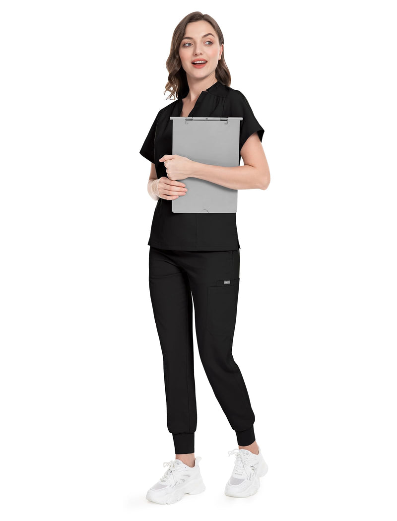 niaahinn Scrub for Women Scrubs Top with Classic V-Neck & Yoga Jogger Pants Medical Nursing Uniform Scrub Set Small Black