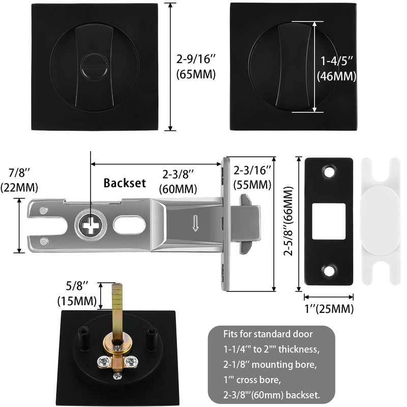 Matte Black Pocket Door Lock Zinc Alloy Pocket Door Latch, Double-Sided Sliding Door Handle Invisible Keyless Flush Pocket Door Hardware for Privacy Sliding Door, 2-3/8" Backset (Square) Square
